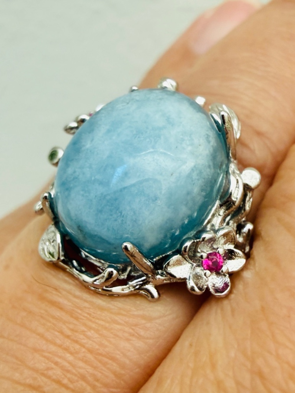 🔥Sale🔥Natural Aquamarine Cab Ring Hand-Forged Antiqued Silver Tone Copper Adju